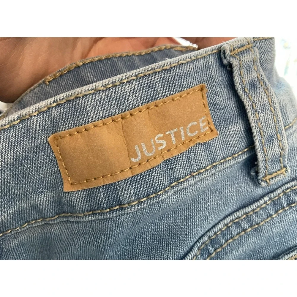 Justice Shorts Girls 7 Blue Denim Mini Mom Sequin Fringe Pockets Raw Hem Sparkle